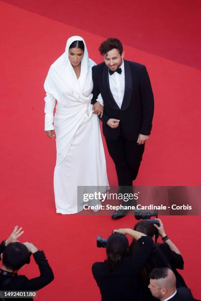 Ayem Nour and Quentin Delcourt attend the "Club Zero" red carpet during the 76th annual Cannes film festival at Palais des Festivals on May 22, 2023...