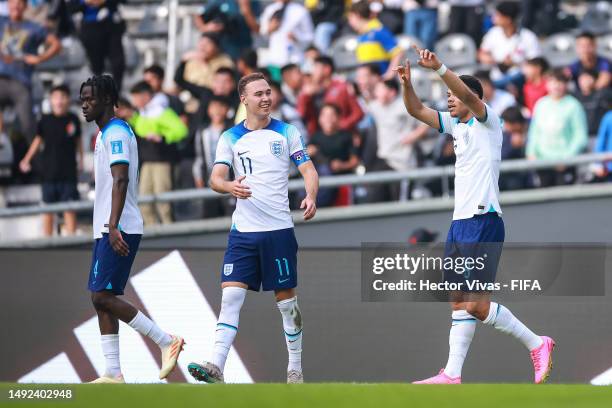 Dane Scarlett of England celebrates after scoring the team's first goal during the FIFA U-20 World Cup Argentina 2023 Group E match between England...