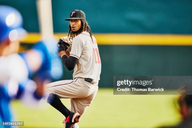 wide shot pitcher throwing to batter during professional baseball game - professional sportsperson ストックフォトと画像