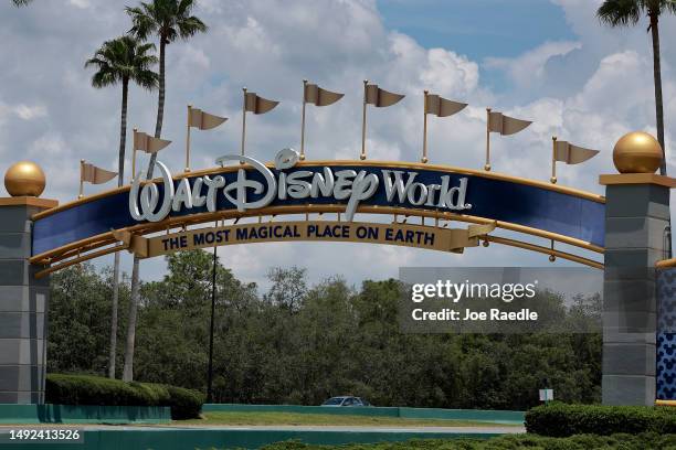 Sign near an entranceway to Walt Disney World on MAY 22, 2023 in Orlando, Florida. Florida Gov. Ron DeSantis is asking that a federal judge be...