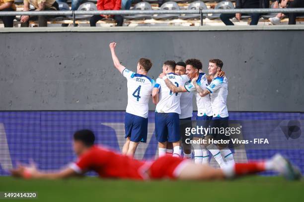 Dane Scarlett of England celebrates after scoring the team's first goal during the FIFA U-20 World Cup Argentina 2023 Group E match between England...