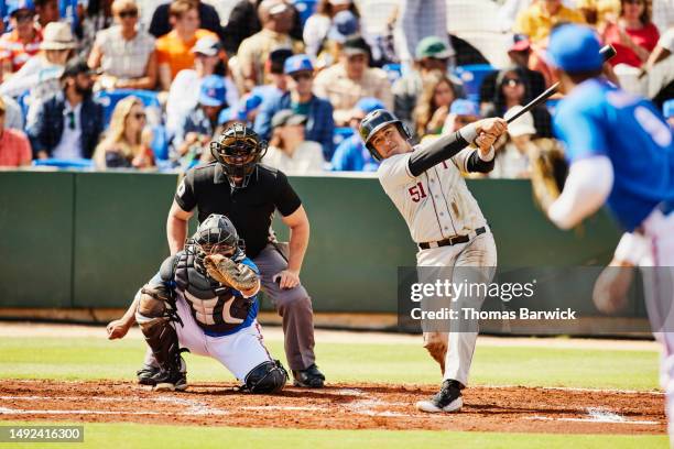 wide shot batter watching hit during at-bat in baseball game - home base sports 個照片及圖片檔