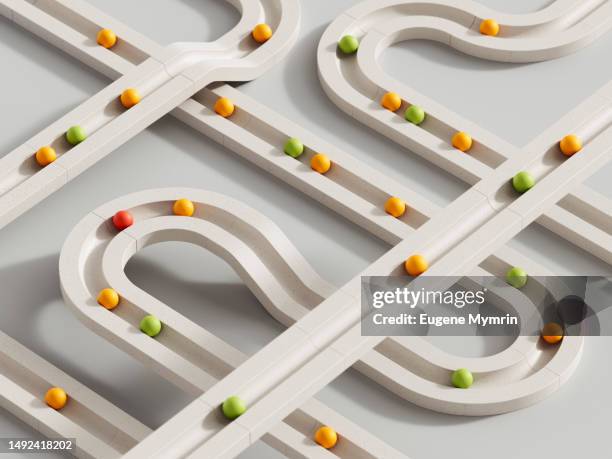 3d image of rolling objects along a path - single track stockfoto's en -beelden