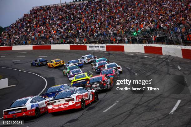 General view of cars racing during the NASCAR Cup Series All-Star Race at North Wilkesboro Speedway on May 21, 2023 in North Wilkesboro, North...