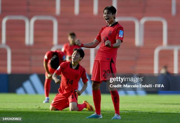 Jisoo Kim of Korea Republic celebrates after winning a FIFA U-20 World Cup Argentina 2023 Group F match between France and Korea Republic at Estadio...