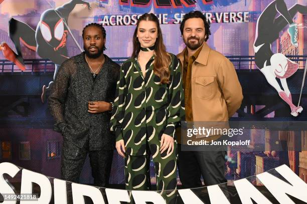 Shameik Moore, Hailee Steinfeld and Jake Johnson attend the photocall for Sony Pictures Animation's "Spider-Man: Across the Spider Verse" at Beverly...