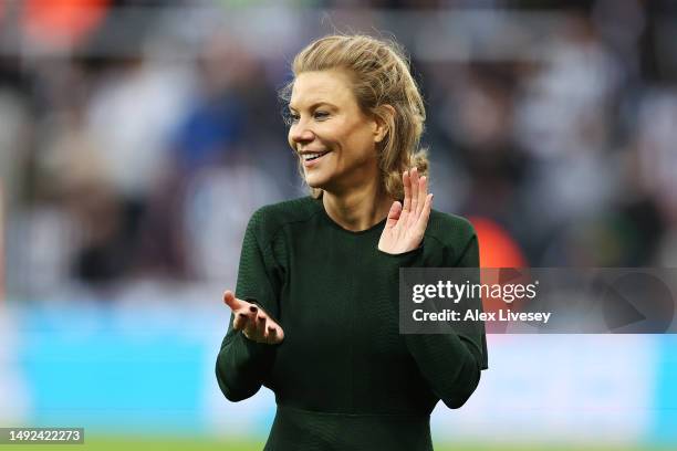 Amanda Staveley, Co-Owner of Newcastle United reacts during the free kick competition in the Premier League match between Newcastle United and...