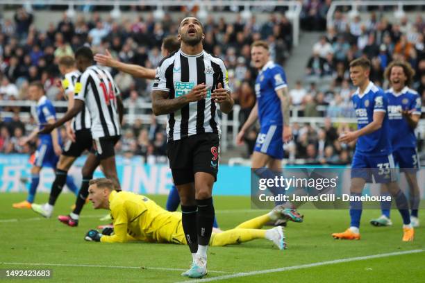 Callum Wilson of Newcastle United reacts after a missed chance during the Premier League match between Newcastle United and Leicester City at St....