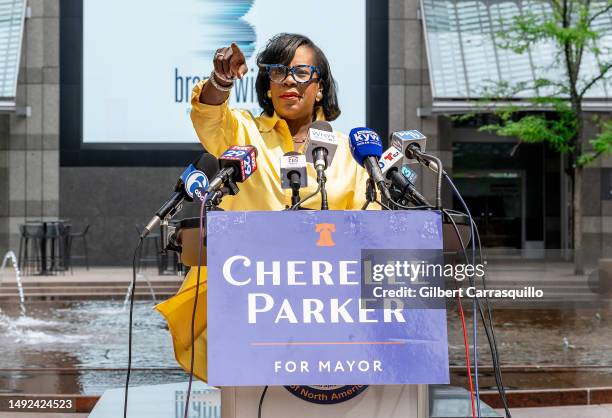 Cherelle Parker is seen during her first press conference after winning the Democratic nomination for mayor in Philadelphia on May 22, 2023 in...