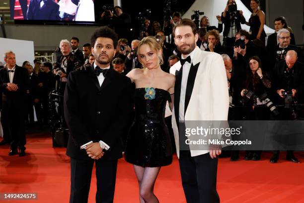 Abel “The Weeknd” Tesfaye, Lily-Rose Depp and Sam Levinson attend the "The Idol" red carpet during the 76th annual Cannes film festival at Palais des...