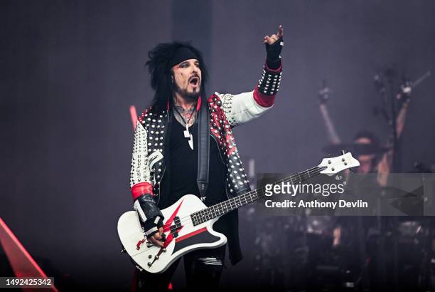 Nikki Sixx of Mötley Crüe performs live for the "The World Tour" at Sheffield Bramall Lane on May 22, 2023 in Sheffield, England.
