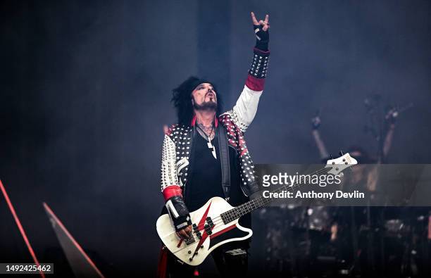 Nikki Sixx of Mötley Crüe performs live for the "The World Tour" at Sheffield Bramall Lane on May 22, 2023 in Sheffield, England.