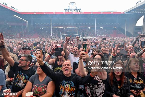 The crowd watch Mötley Crüe perform live for the "The World Tour" at Sheffield Bramall Lane on May 22, 2023 in Sheffield, England.