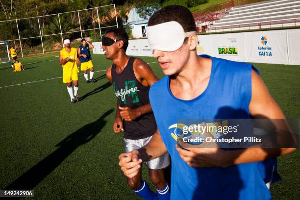 The blind Brazilian national football team in training, Niteroi, Brazil, 13th April 2012. This team participates in all international competitions...