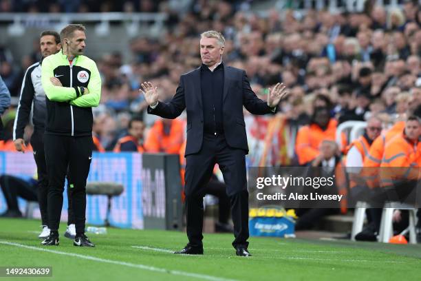 Dean Smith, Manager of Leicester City, reacts during the Premier League match between Newcastle United and Leicester City at St. James Park on May...