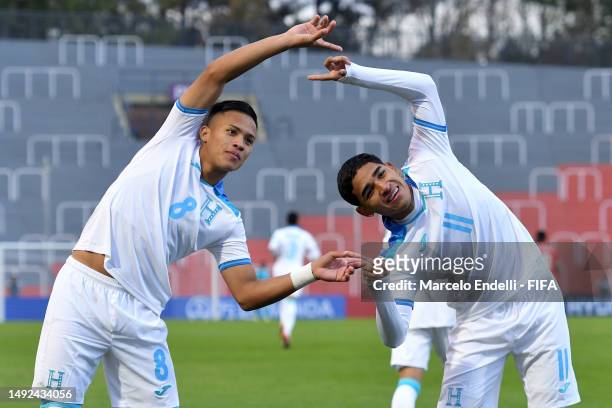 Marco Aceituno of Honduras celebrates with teammate Tomas Sorto after scoring the equalizer goal of his team during a FIFA U-20 World Cup Argentina...