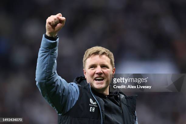 Eddie Howe, Manager of Newcastle United, celebrates after his team qualifies for the UEFA Champions League following the Premier League match between...