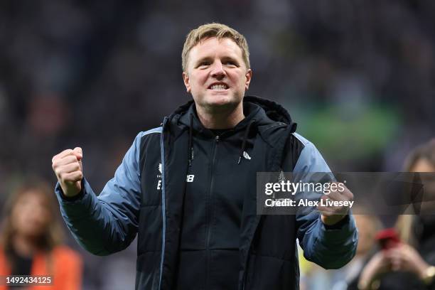 Eddie Howe, Manager of Newcastle United, celebrates after his team qualifies for the UEFA Champions League following the Premier League match between...