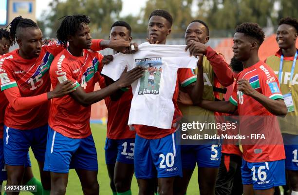 Adama Bojang of Gambia celebrates with teammates the first goal of his team during a FIFA U-20 World Cup Argentina 2023 Group F match between Gambia...