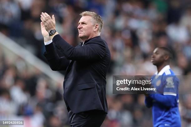 Dean Smith, Manager of Leicester City, applauds the fans following the Premier League match between Newcastle United and Leicester City at St. James...