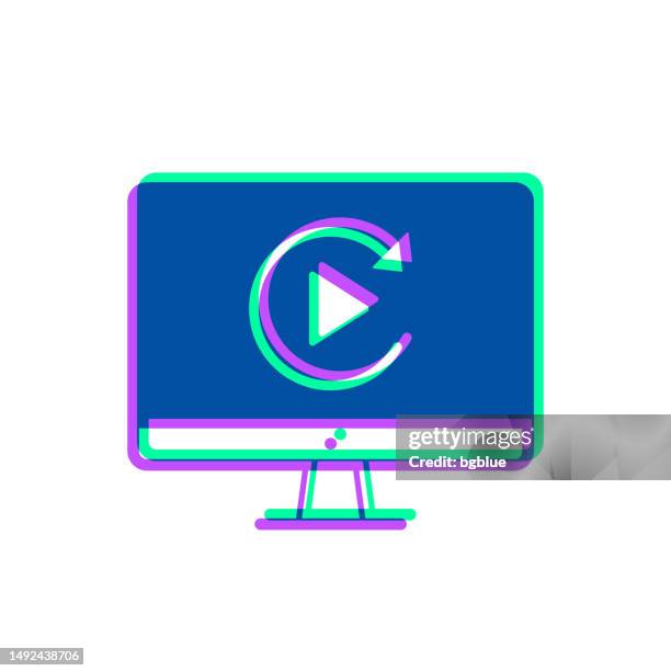 replay on desktop computer. icon with two color overlay on white background - play button overlay stock illustrations