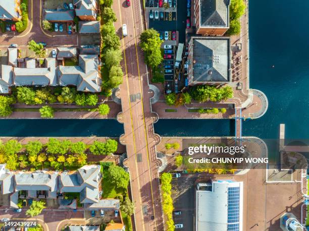 drone view of media city salford quays, manchester - aerial view of manchester stock pictures, royalty-free photos & images