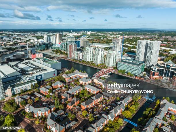 drone view of media city salford quays, manchester - aerial view of manchester stock pictures, royalty-free photos & images