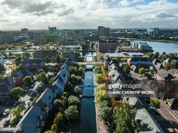 drone view of media city salford quays, manchester - aerial shots stock pictures, royalty-free photos & images