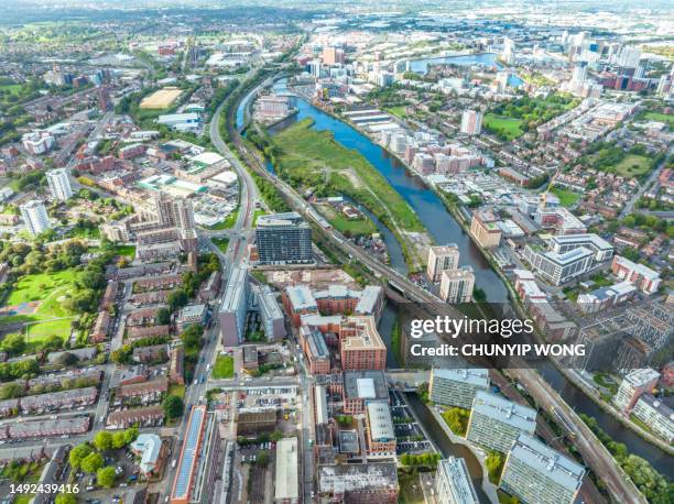 aerial view of manchester city in uk - aerial view of manchester stock pictures, royalty-free photos & images