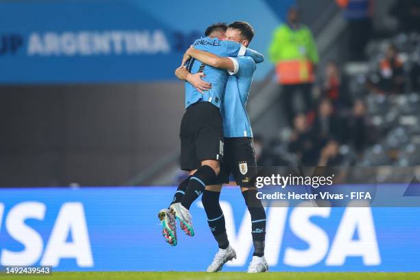 Matias Abaldo of Uruguay celebrates with teammate after scoring the team's first goal during the FIFA U-20 World Cup Argentina 2023 Group E match...
