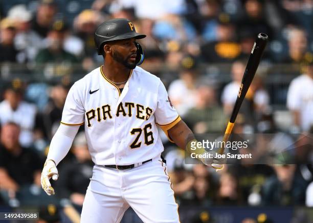 Miguel Andujar of the Pittsburgh Pirates in action during the game against the Toronto Blue Jays at PNC Park on May 7, 2023 in Pittsburgh,...