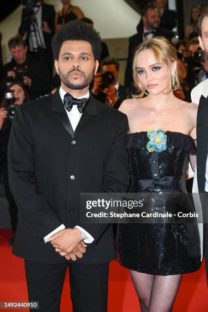 Abel “The Weeknd” Tesfaye, Lily-Rose Depp attend the "The Idol" red carpet during the 76th annual Cannes film festival at Palais des Festivals on May...