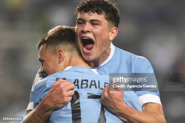 Matias Abaldo of Uruguay celebrates with teammate after scoring the team´s first goal during a FIFA U-20 World Cup Argentina 2023 Group E match...