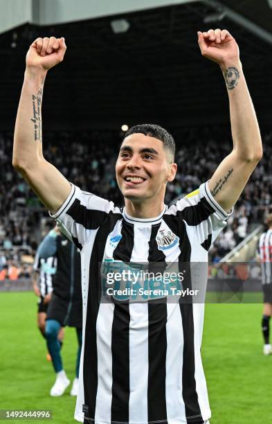 Miguel Almirón of Newcastle United FC celebrates following the Premier League match between Newcastle United and Leicester City at St. James Park on...