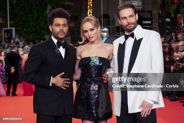 Abel “The Weeknd” Tesfaye, Lily-Rose Depp and Sam Levinson attend the "The Idol" red carpet during the 76th annual Cannes film festival at Palais des...
