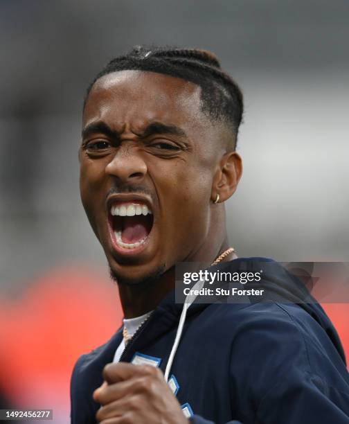 Newcastle player Joe Willock celebrates after the Premier League match between Newcastle United and Leicester City at St. James Park on May 22, 2023...