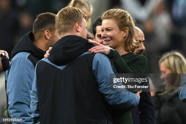 Newcastle head coach Eddie Howe celebrates with co owner Amanda Staveley after the Premier League match between Newcastle United and Leicester City...