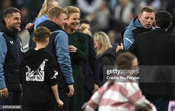 Newcastle head coach Eddie Howe celebrates with co owner Amanda Staveley after the Premier League match between Newcastle United and Leicester City...