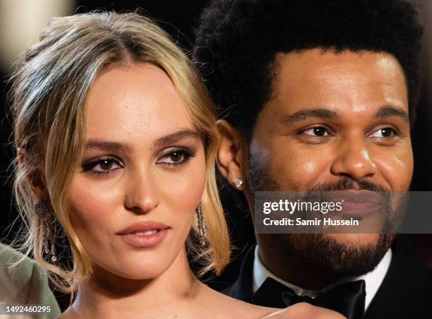 Lily-Rose Depp and Abel Makkonen Tesfaye, The Weeknd attend the "The Idol" red carpet during the 76th annual Cannes film festival at Palais des...