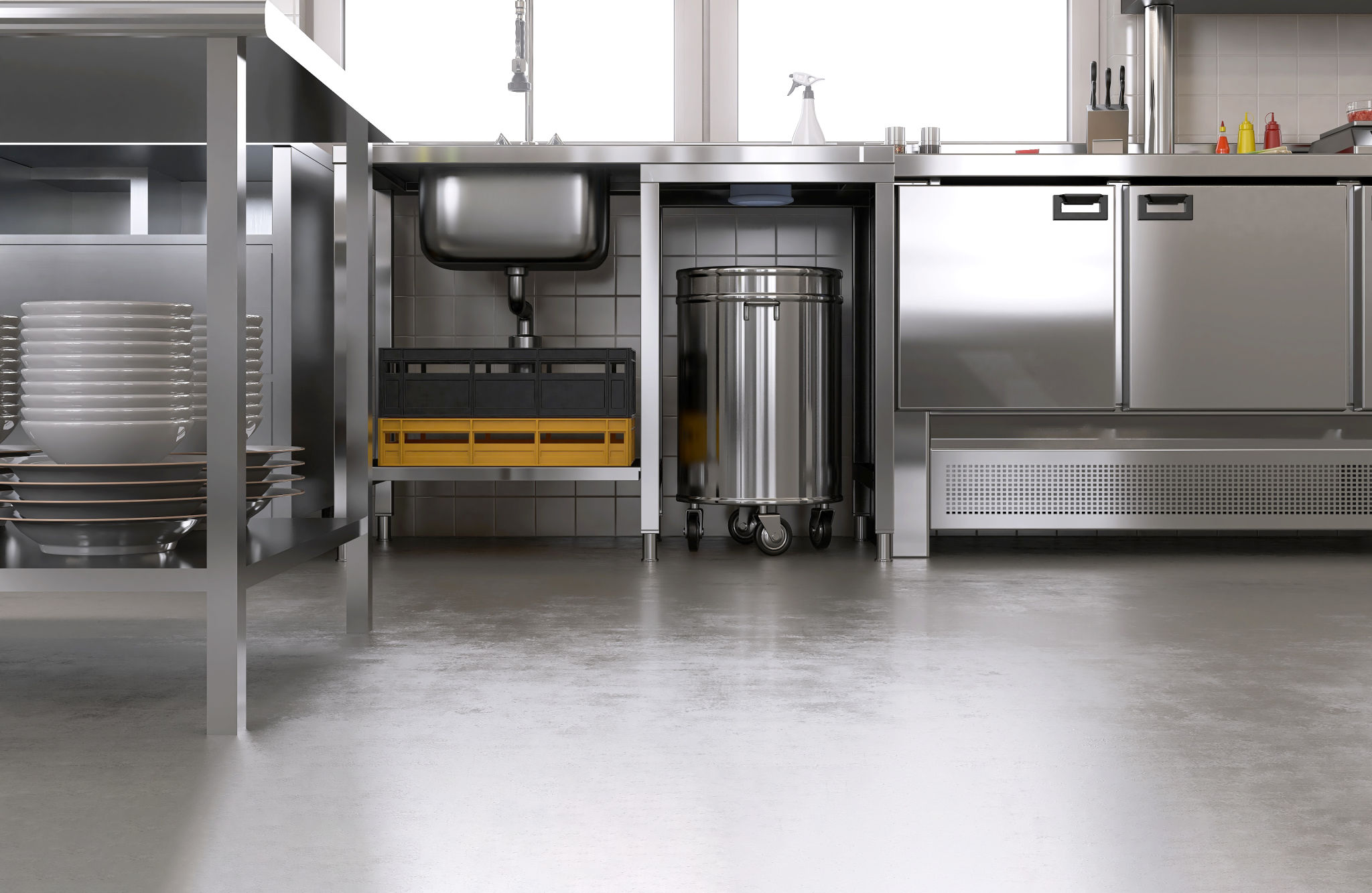 New, clean gray concrete resin vinyl floor in commercial, professional bakery kitchen, stainless steel cabinet, sink, trash bin, machine, equipment New, clean gray concrete resin vinyl floor in commercial, professional bakery kitchen, stainless steel cabinet, sink, trash bin, machine, equipment
