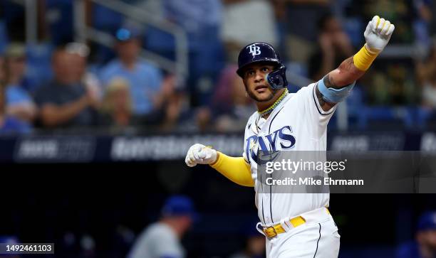 Jose Siri of the Tampa Bay Rays is congratulated after hitting a two run home run in the second inning during a game against the Toronto Blue Jays at...