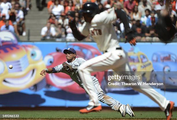 Everth Cabrera of the San Diego Padres throws out Joaquin Arias of the San Francisco Giants attempting to go from second to third on a ground ball in...