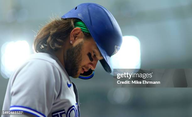 Bo Bichette of the Toronto Blue Jays looks on during a game against the Tampa Bay Rays at Tropicana Field on May 22, 2023 in St Petersburg, Florida.