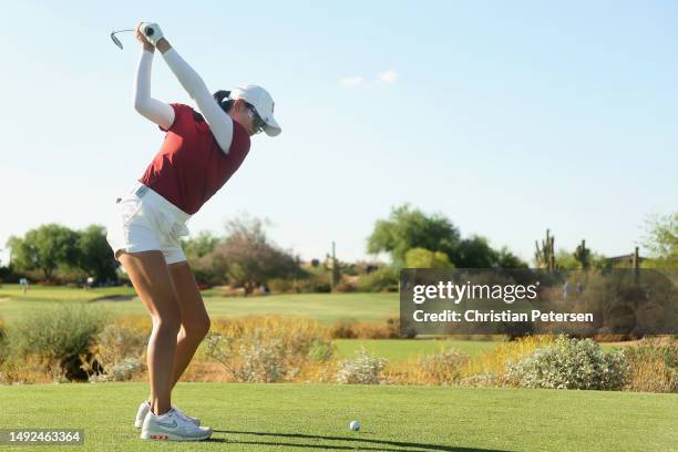 Rose Zhang of the Stanford Cardinal plays a tee shot on the 17th hole during the NCAA women’s Golf Championships at Grayhawk Golf Club on May 22,...