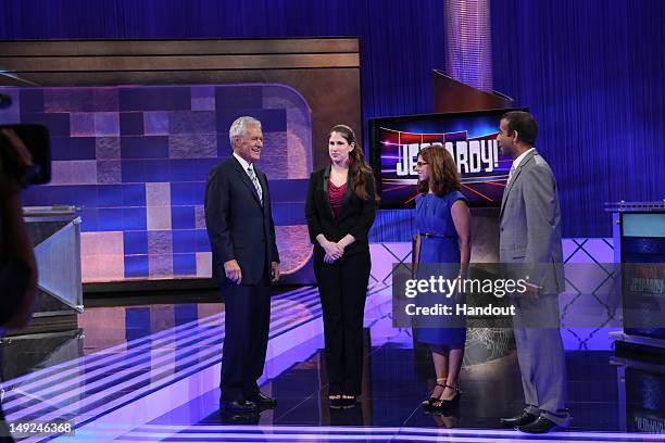 In this handout photo provided by Jeopardy Productions, Inc., "Jeopardy!" Host Alex Trebek returned to the set at Sony Pictures Studios to tape the...