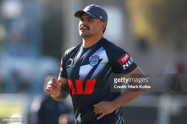 Latrell Mitchell runs during a New South Wales Blues State of Origin training session at Coogee Oval on May 23, 2023 in Sydney, Australia.