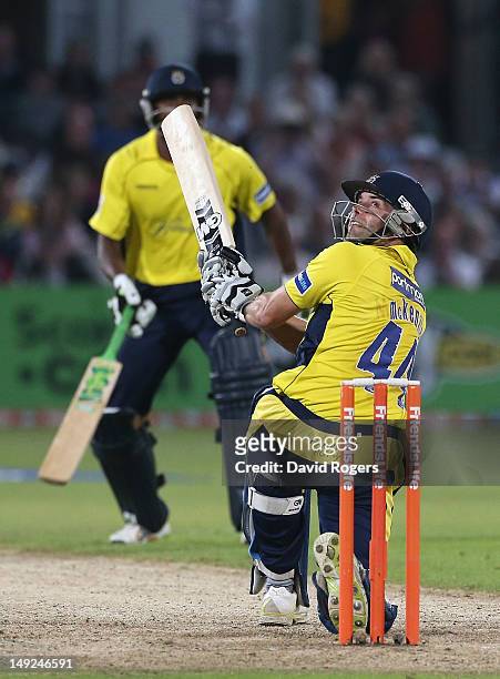 Neil McKenzie of Hampshire pulls the ball during the Friends Life T20 match between Nottinghamshire and Hampshire at Trent Bridge on July 25, 2012 in...