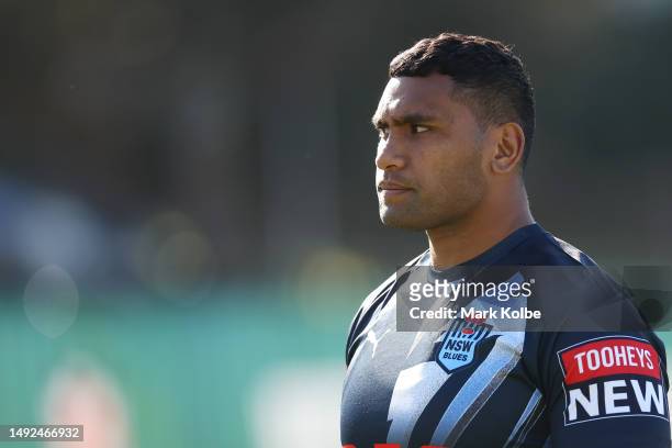 Tevita Pangai Junior looks on during a New South Wales Blues State of Origin training session at Coogee Oval on May 23, 2023 in Sydney, Australia.