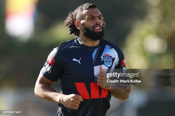 Josh Addo-Carr runs during a New South Wales Blues State of Origin training session at Coogee Oval on May 23, 2023 in Sydney, Australia.