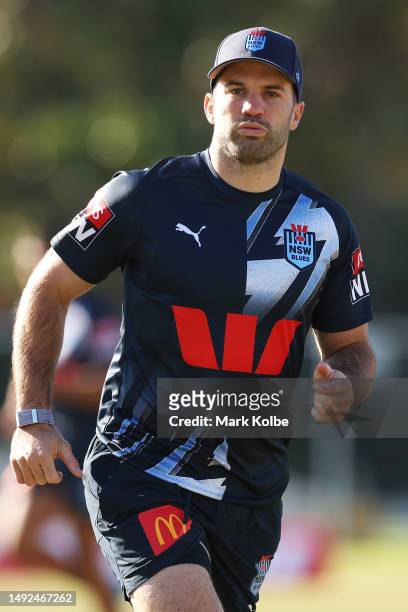 James Tedesco runs during a New South Wales Blues State of Origin training session at Coogee Oval on May 23, 2023 in Sydney, Australia.